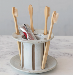 Stoneware Toothbrush Holder w/ Debossed Stripes
