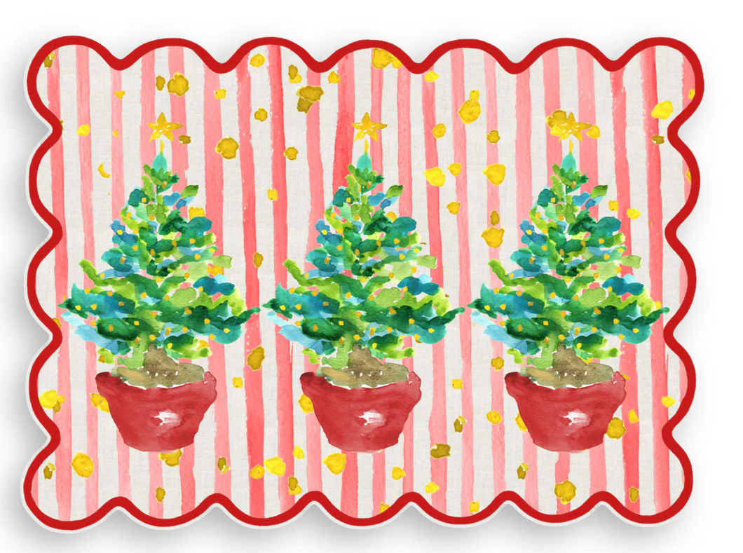 Red Potted Christmas Trees Scalloped Vinyl Placemat