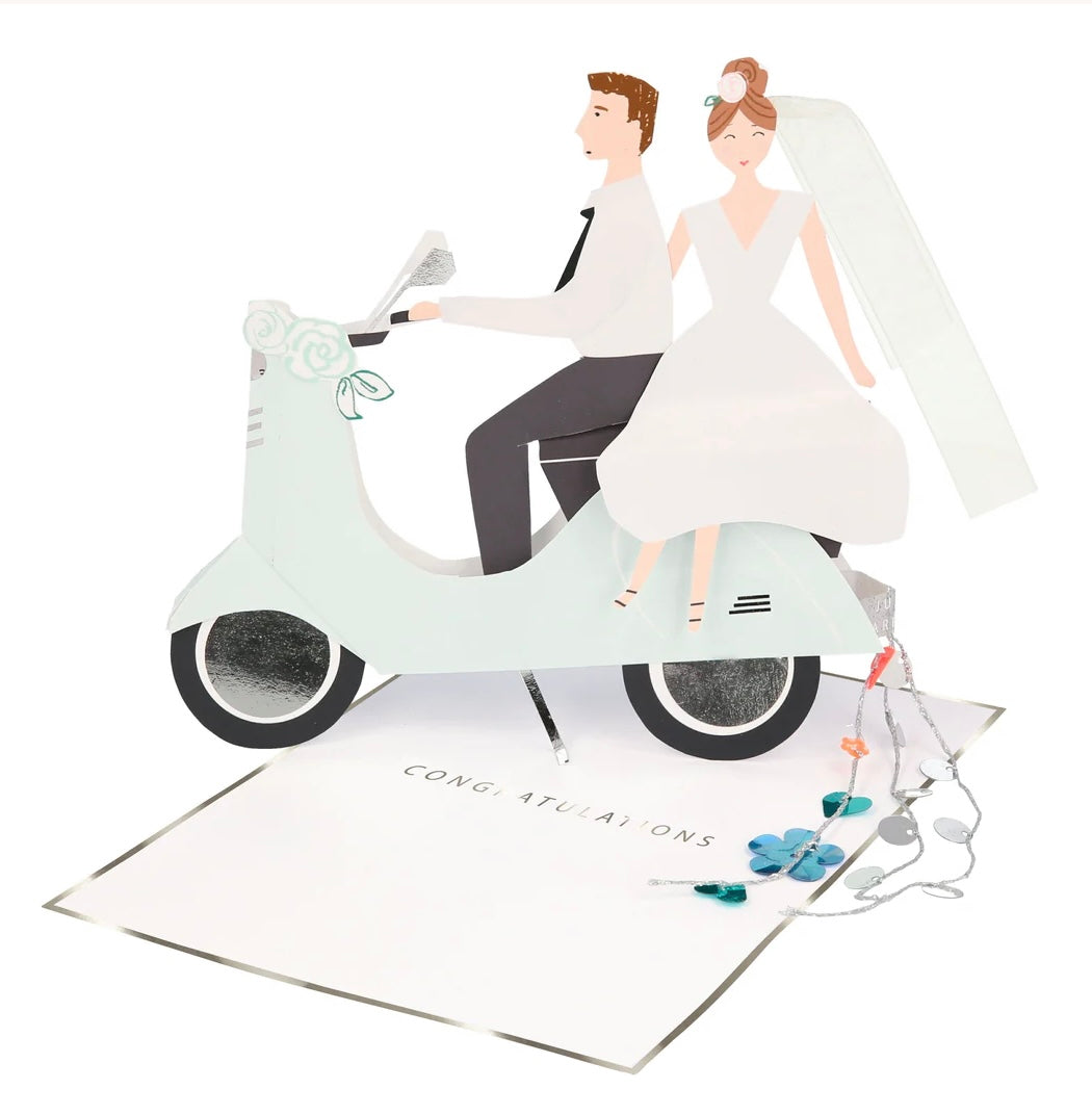 Scooter Couple Stand-Up Wedding Card