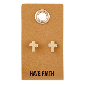 Gold Stud Leather Tag Earrings
