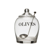 Load image into Gallery viewer, Glass Jar &quot;Olives&quot; w/ Stainless Steel Slotted Spoon
