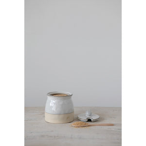 White Stoneware Sugar Pot & Spoon Set